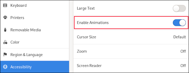 Página de configurações de acessibilidade do GNOME com a opção "habilitar animações" destacada