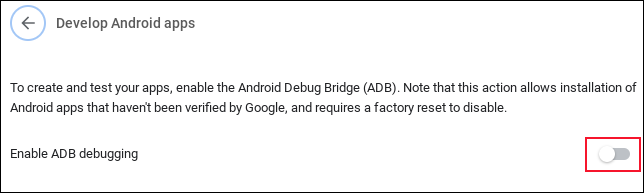 A opção habilitar a depuração do Android em um Chromebook