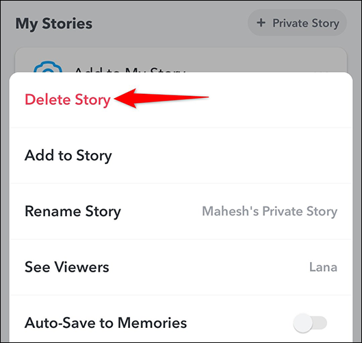 Selecione "Excluir história" no menu de três pontos para uma história privada no Snapchat.