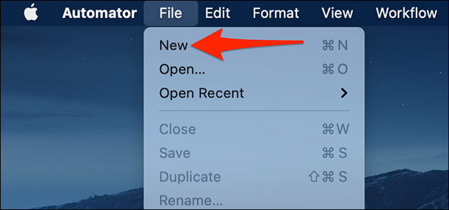 Selecione Arquivo> Novo no Automator.