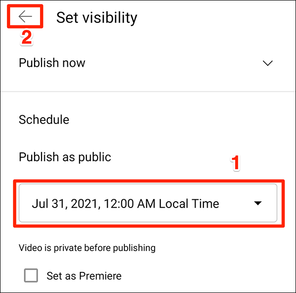 Especifique a data e hora de lançamento programado do vídeo no aplicativo do YouTube.
