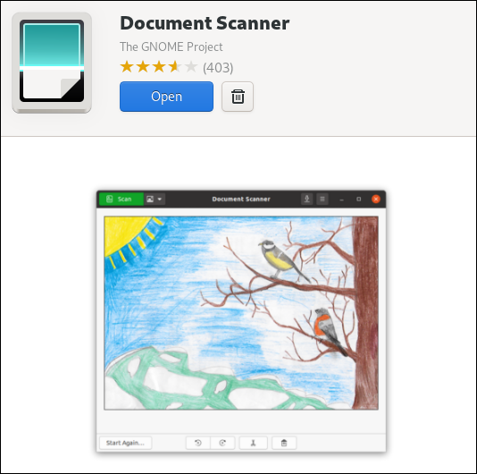 Página de descrição do aplicativo de software GNOME para o aplicativo de scanner de documentos
