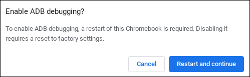 Tela de confirmação para ativar a depuração do Android em um Chromebook