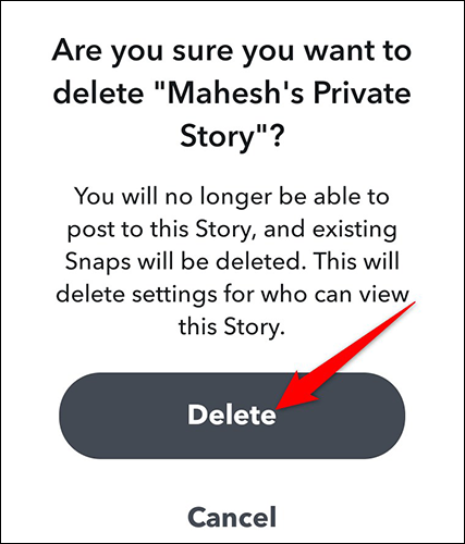 Toque em "Excluir" no prompt de exclusão de história privada no Snapchat.
