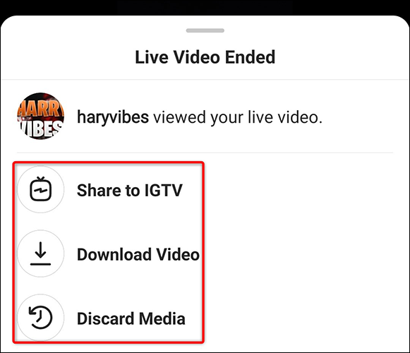 Menu "Live Video Ended" do Instagram.