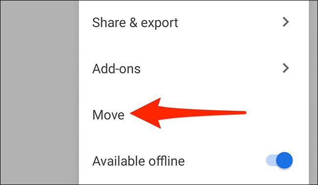 Selecione "Mover" no menu de três pontos do aplicativo Google Docs.