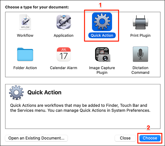 Selecione "Ação rápida" no prompt "Escolha um tipo para o seu documento" do Automator.