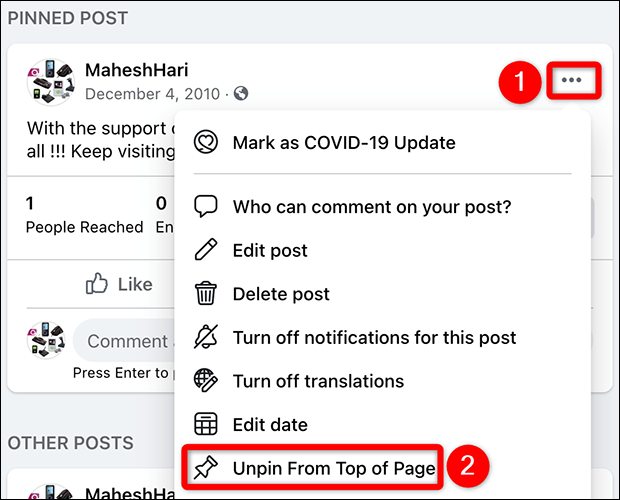 Selecione "Desafixar do topo da página" no menu de três pontos para postar uma página no Facebook.