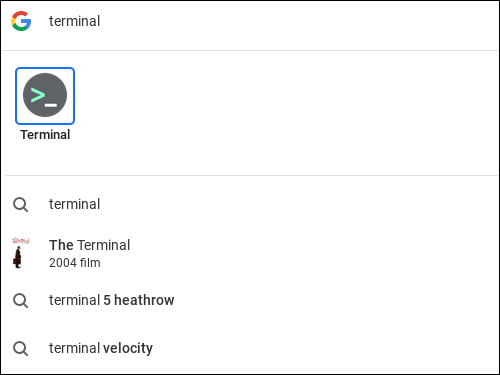 Pesquisando a palavra terminal em um Chromebook