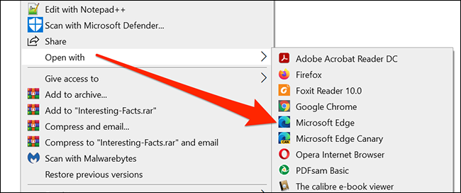 Clique com o botão direito do mouse no PDF e selecione Abrir com> Microsoft Edge no Explorador de Arquivos.