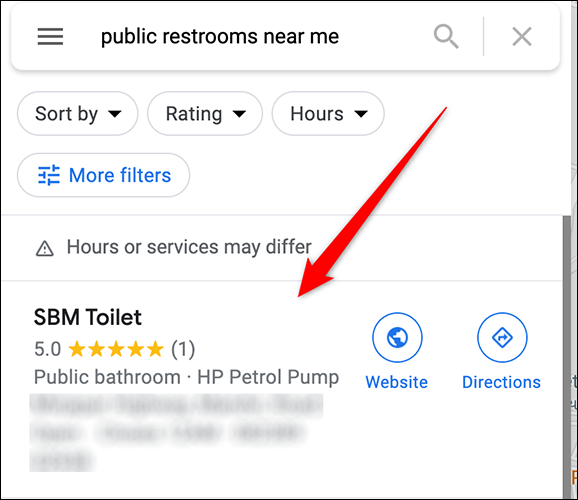 Uma lista de banheiros públicos no site do Google Maps.