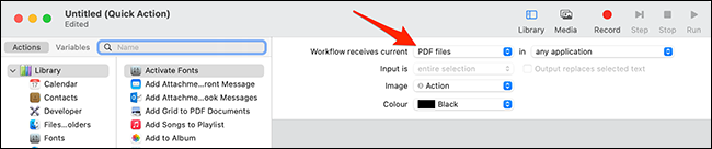 Selecione "Arquivos PDF" no menu suspenso "Fluxo de trabalho recebe atual" no Automator.