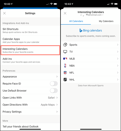 Abra calendários interessantes no Outlook no celular