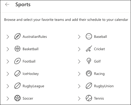 Ligas esportivas do calendário do Outlook