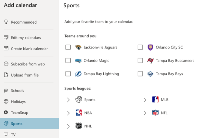 Opções de calendário de esportes