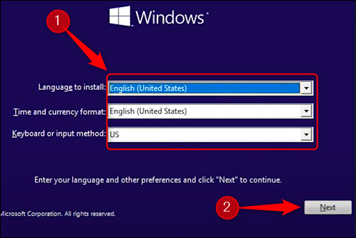 Escolha o idioma de instalação, o formato da hora e da moeda, o teclado e o método de entrada.