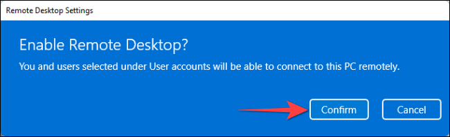 Selecione o botão "Confirmar" para ativar a Área de Trabalho Remota.