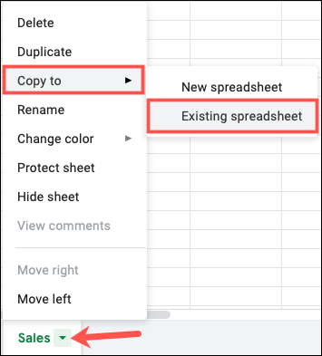 Clique na seta e selecione Copiar para planilha existente