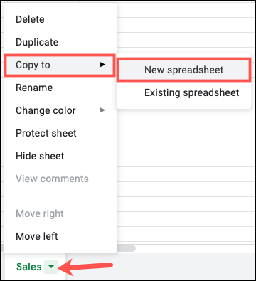 Clique na seta e selecione Copiar para nova planilha