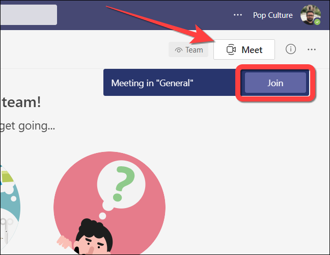 Clique no botão "Meet Now" para criar uma nova reunião ou no botão "Join" para ingressar em uma reunião existente no Microsoft Teams para a web.