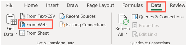 Na guia Dados, selecione Da Web