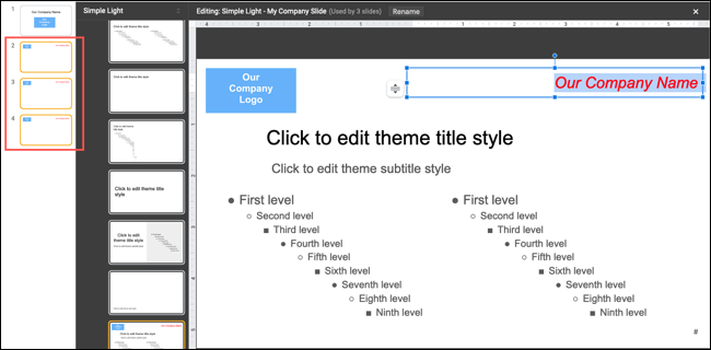 Exemplo de edição de um slide modelo