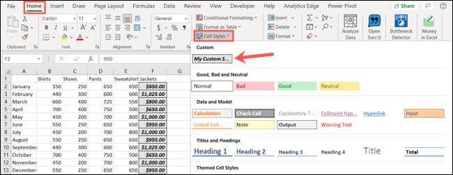 Clique em Estilos de célula e escolha seu estilo personalizado
