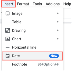 No menu superior, clique em Inserir seguido por Data