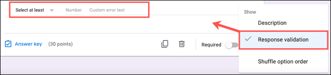 Escolha a validação de resposta como uma opção de pergunta