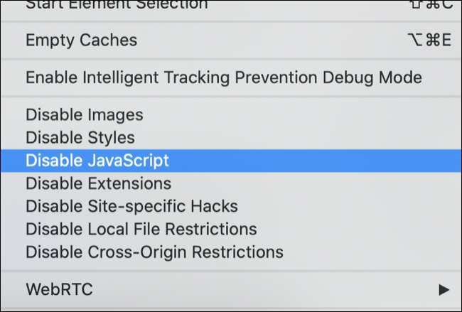 Clique em Desativar JavaScript no Safari