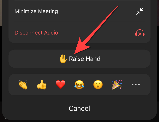 Toque no botão "Levantar a mão" para levantar a mão no aplicativo móvel Zoom.