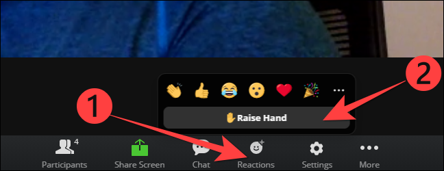 Selecione o botão "Reações" e escolha a opção "Levantar a mão" no Zoom para a web.