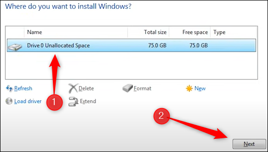Selecione a unidade na qual deseja instalar o Windows.