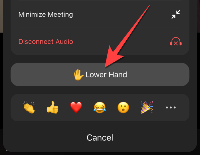 Toque no botão "Baixar a mão" para abaixar a mão no aplicativo móvel Zoom.