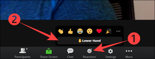 Escolha o botão "Reações" e depois selecione "Baixar a mão" para abaixar a mão no Zoom para a web.