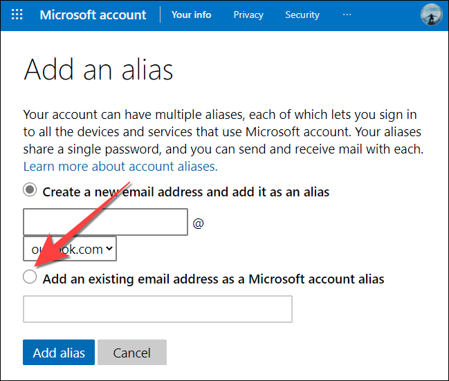 Selecione a opção que permite adicionar um novo e-mail de alias.