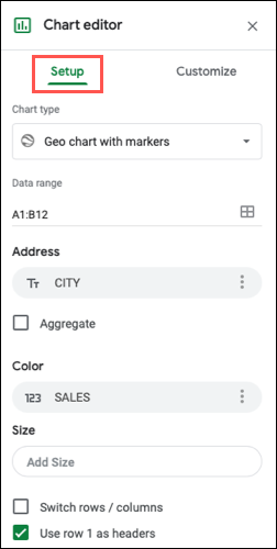 Guia de configuração para editar o gráfico do mapa no Planilhas Google