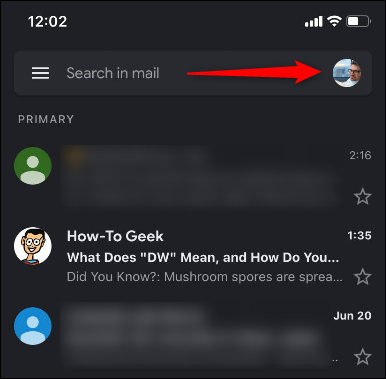 Toque em sua "Foto do perfil" no aplicativo Gmail.
