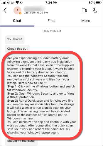 Vá para a mensagem que você deseja que o aplicativo Teams leia em voz alta no seu celular.