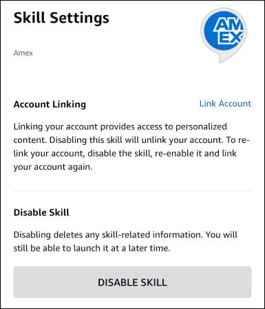 Clique em desativar habilidade para desconectar sua Alexa de sua conta de cartão de crédito 