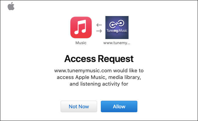Clique em "Permitir" para permitir que Tune My Music acesse sua conta do Apple Music.