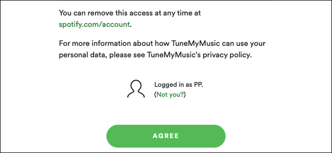 Clique em "Concordo" para permitir que Tune My Music acesse sua conta do Spotify.
