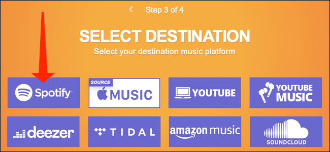 No site Tune My Music, clique em "Spotify" para selecioná-lo como destino para suas listas de reprodução do Apple Music.
