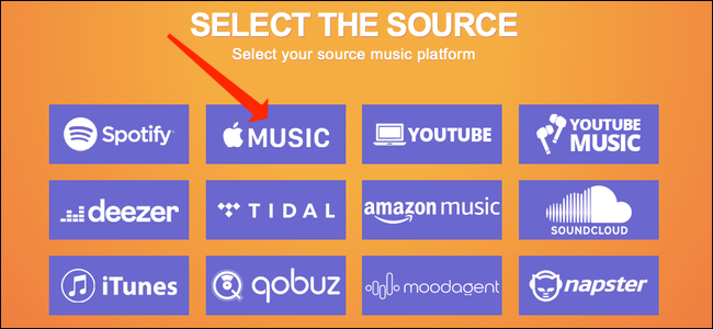 Selecione "Apple Music" como a fonte em Tune My Music, se desejar mover suas listas de reprodução do serviço.