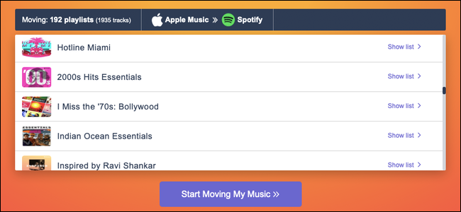 No site Tune My Music, clique em "Começar a mover minha música" para começar a enviar suas listas de reprodução do Apple Music para o Spotify.