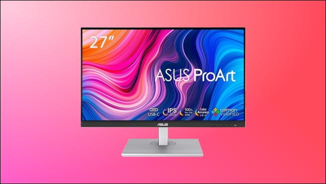 Asus ProArt Display em fundo rosa