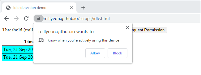Um site que pede para "saber quando você está usando ativamente este dispositivo" no Chrome.