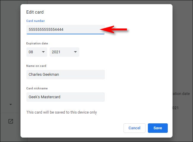 Na tela "Editar cartão" do Chrome, você verá as informações completas do cartão de crédito.