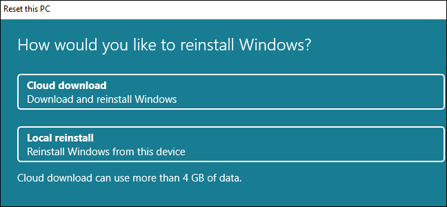 A caixa de diálogo Redefinir este PC com opções para download na nuvem e reinstalação local.