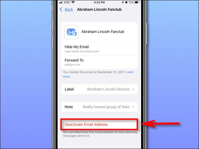 Toque em "Desativar endereço de e-mail".